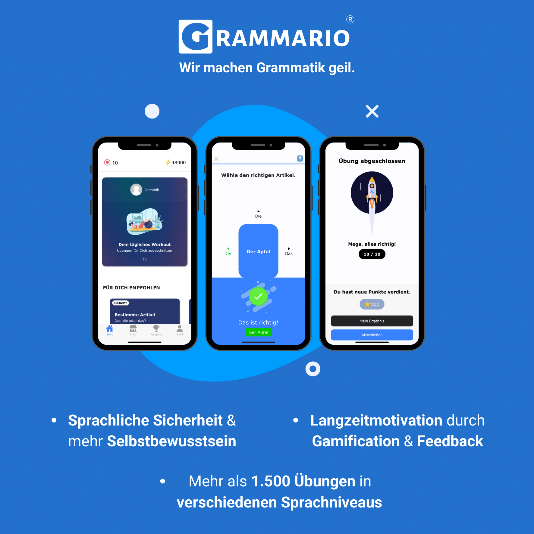 Lerne einfach und spielerisch die deutsche Grammatik mit der Grammario App. Kostenlos üben, Deutsch lernen. Grammatik lernen mit Übungen zu den vier Fällen und mehr.